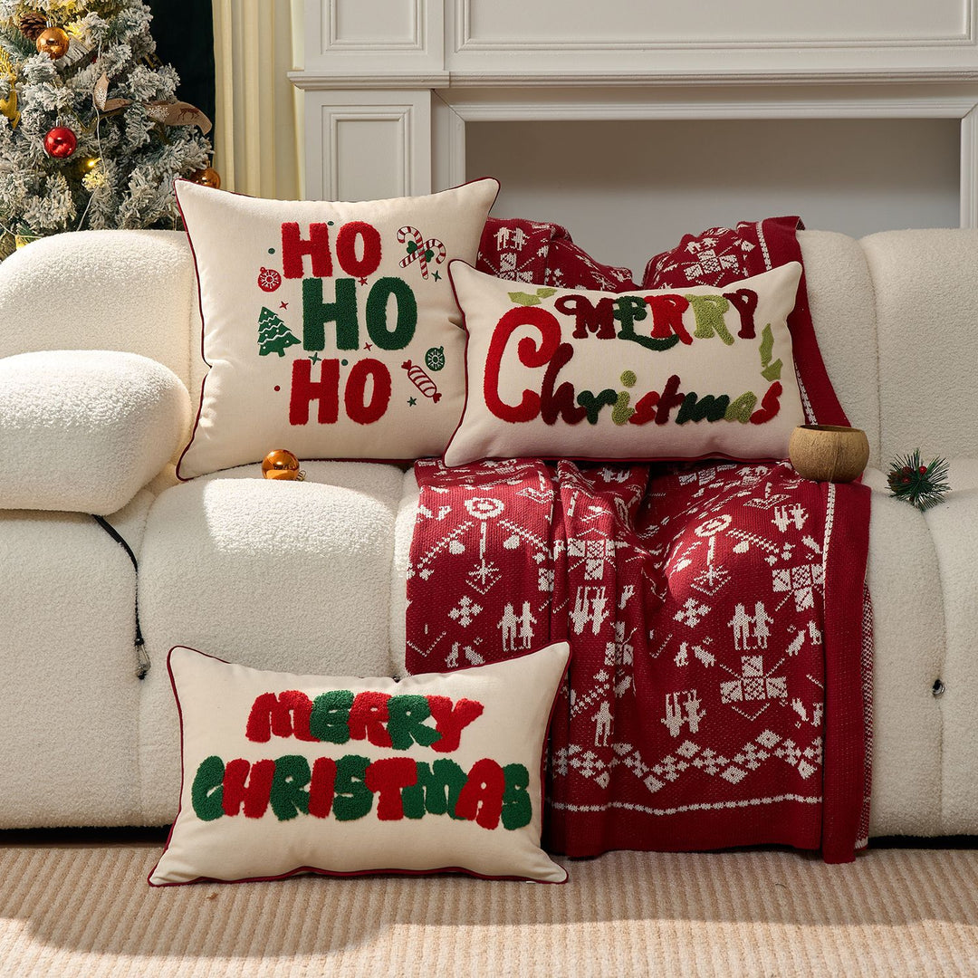 Festive Tufted Chenille Merry Christmas Lumbar Throw Pillow