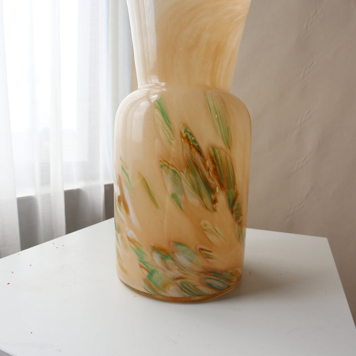 Hand-Blown Swirled Glass Tall Cylinder Vase with Flared Neck Centerpiece