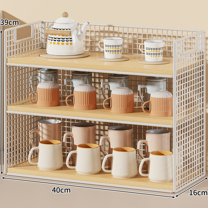 Three-Tier Wire Grid Countertop Display Shelf with Faux-Wood Removable Trays