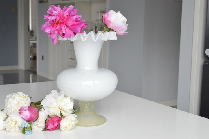 Tall Hand-Blown Fluted Glass Vase with Ruffled Rim & Rounded Pedestal Base