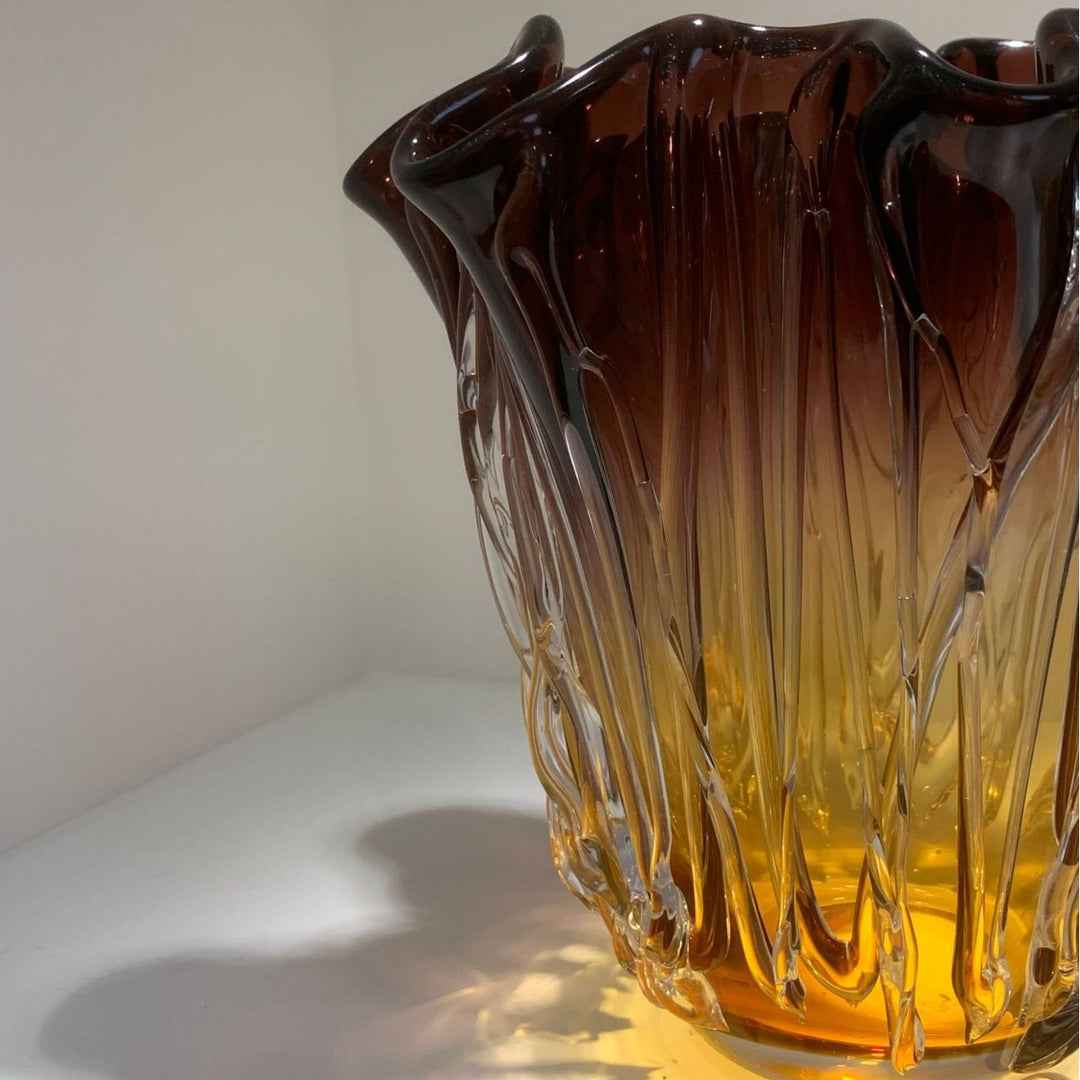 Handcrafted Ruffled-Edge Amber-to-Smoke Art Glass Decorative Vase Collection