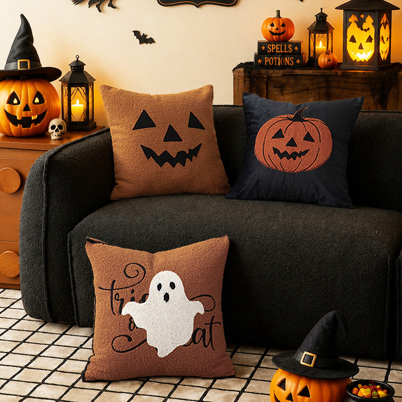 Decorative Halloween cushion cover with embroidered ghost