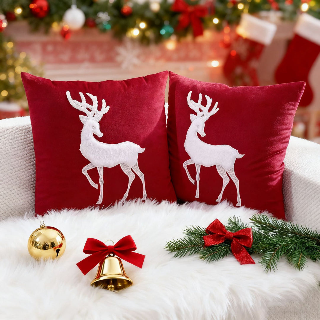 Festive Velvet Reindeer Appliqué Square Throw Pillow Cover with Hidden Zipper
