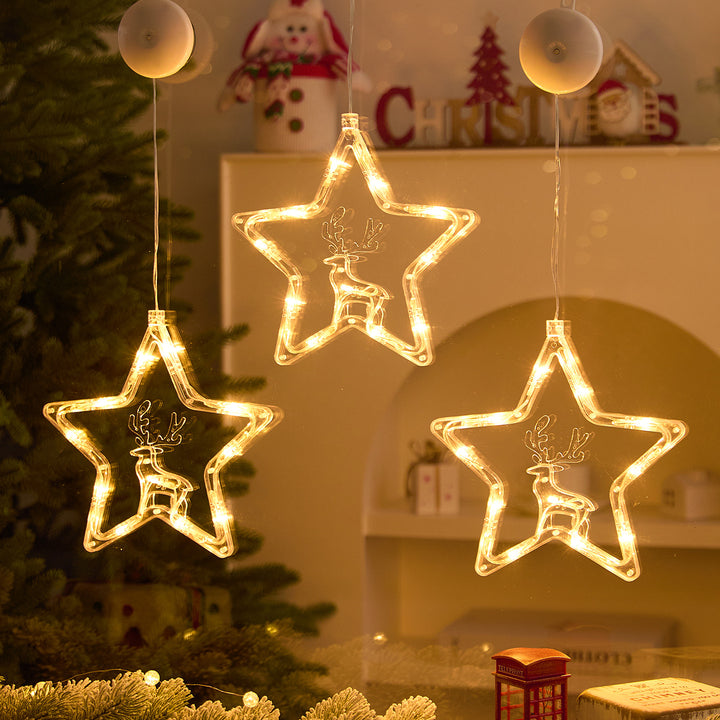 Festive Warm White LED Hanging Window Ornament Set with Reindeer Star Tree Wreath