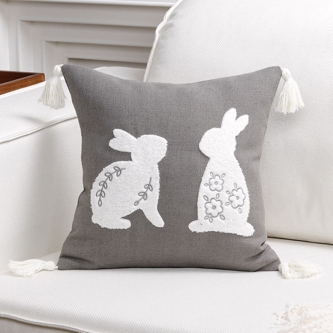 Embroidered Bunny Appliqué Tassel Lumbar Pillow Cover