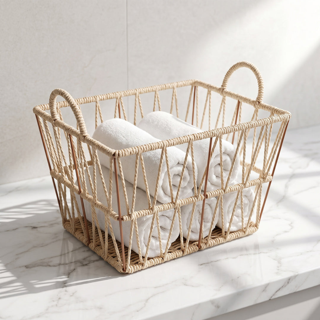 Elegant bathroom storage basket made of natural material