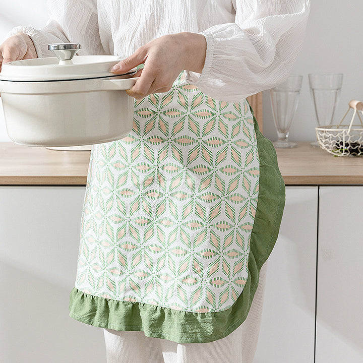 Waist apron with ruffles and woven geometric pattern