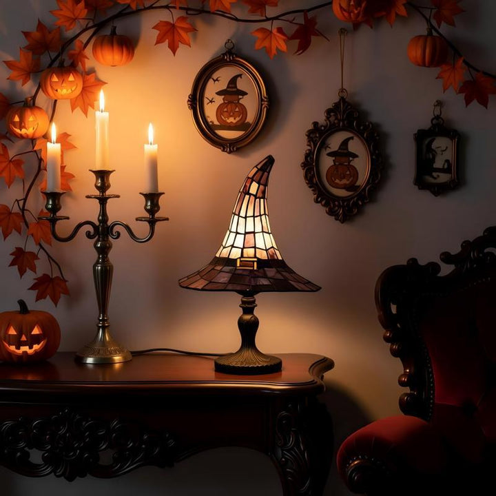 Decorative table lamp in witch hat design