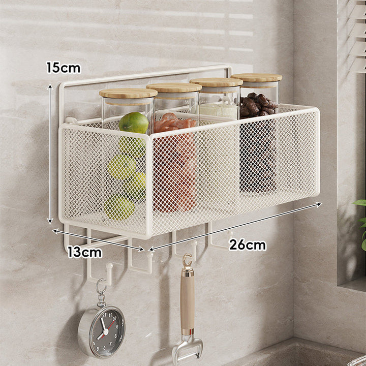 Wall-Mounted Mesh Multi-Purpose Kitchen Shelf with Hooks and Ventilated Basket