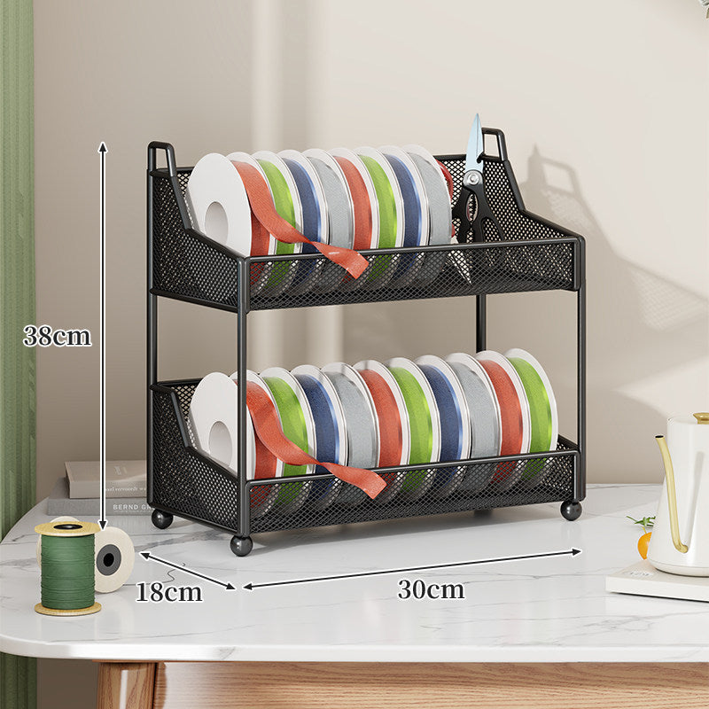 Metal Mesh Ribbon and Tape Spool Organizer with Integrated Scissor Slot