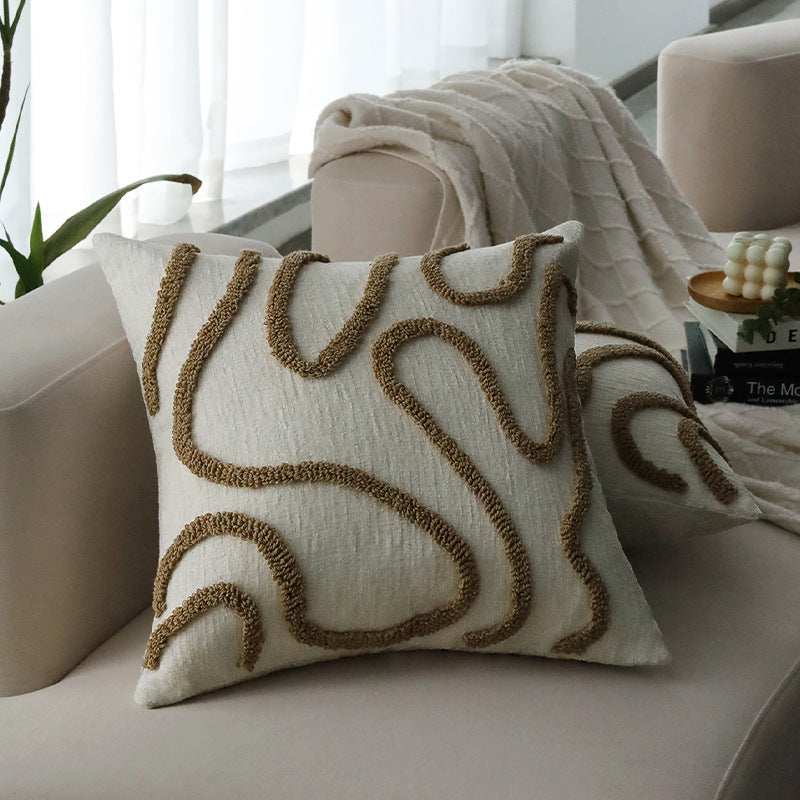 Square decorative cushion cover with hand-tufted loop appliqué and fine linen look