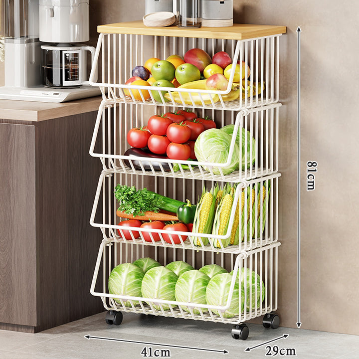 Vertical Five-Tier Rolling Kitchen Produce Storage Cart with Wooden Top and Pull-Out Wire Baskets