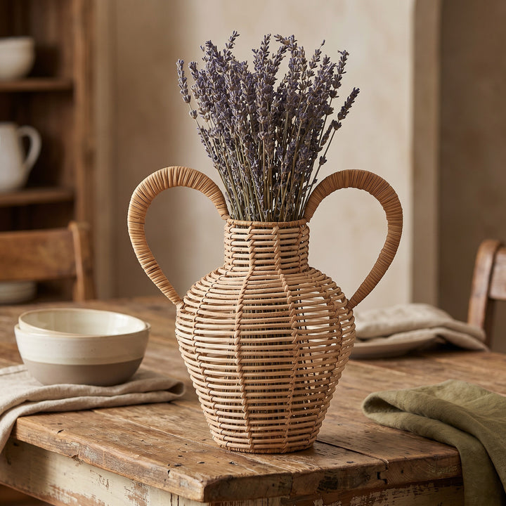 Decorative vase made of woven natural material
