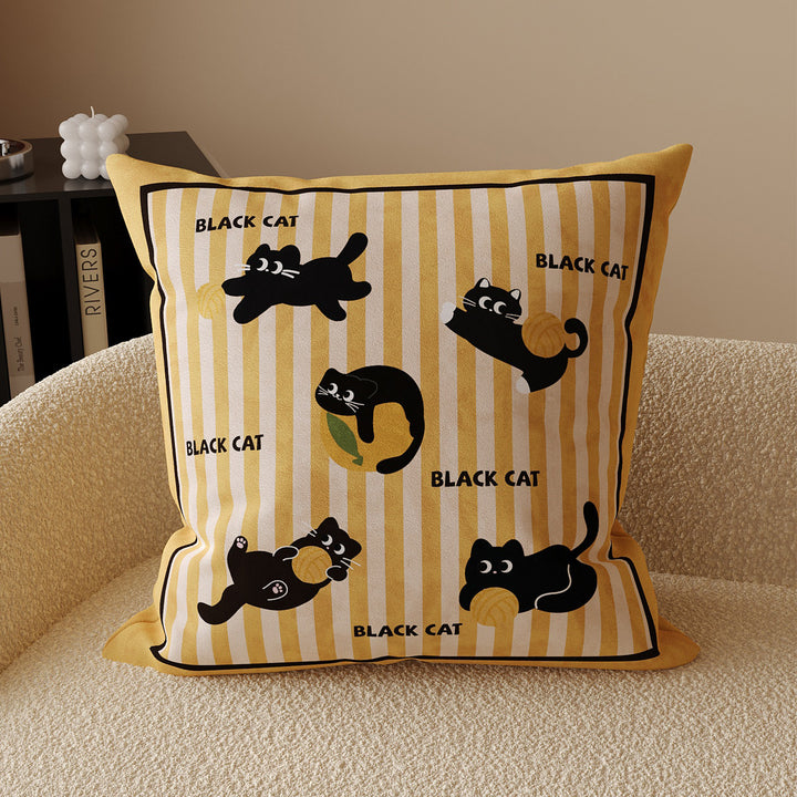 Decorative Striped Cotton-Linen Throw Pillow Cover with Playful Black Cat Motif