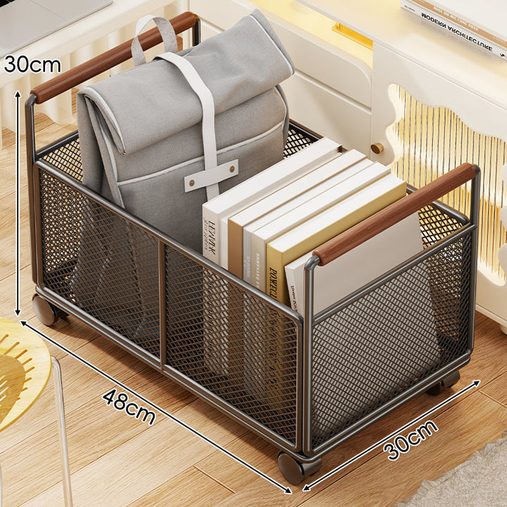 Rectangular Metal Mesh Storage Basket with Wooden Handle Rack