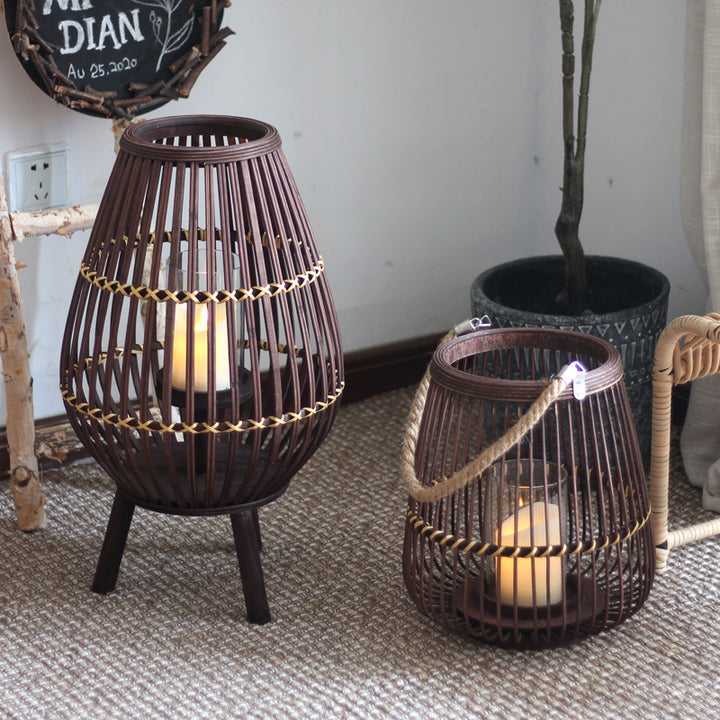 Stylish lantern made of rattan with wooden frame