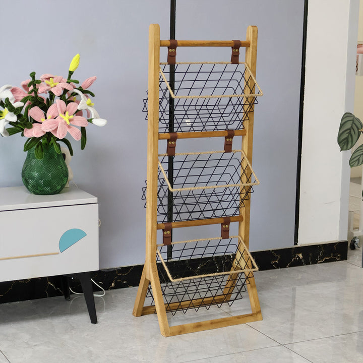 High-quality storage tower made of wood with metal baskets