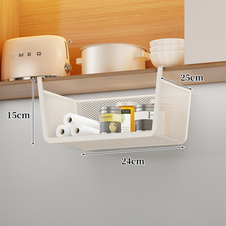 Under-Shelf Sliding Hanging Kitchen Storage Basket Organizer with Ventilated Metal Base and Rail Mount