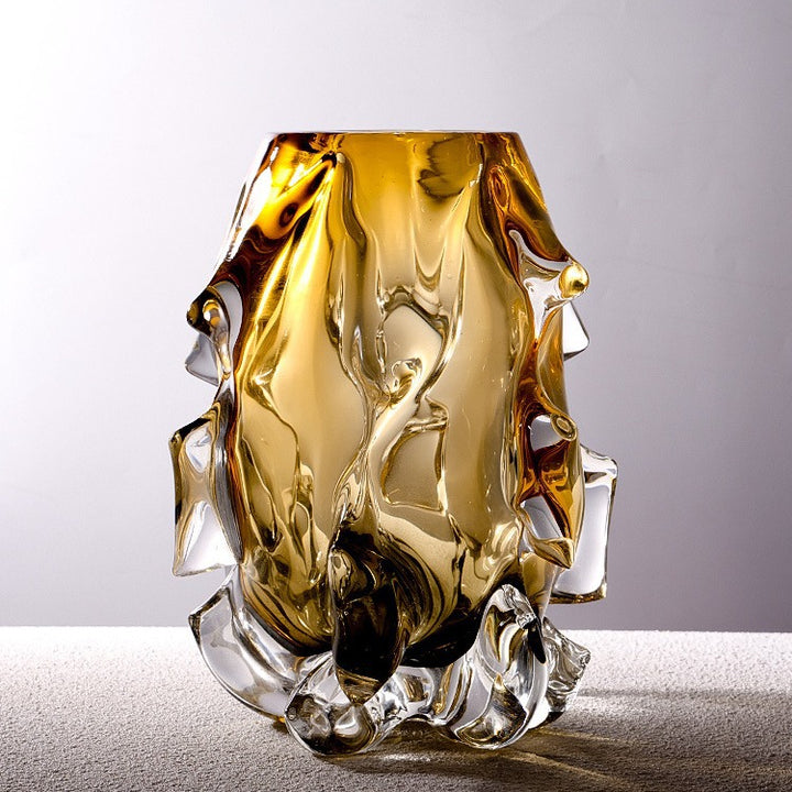 Sculptural Hand-Blown Organic Textured Art Glass Vase with Melted-Edge Pedestal