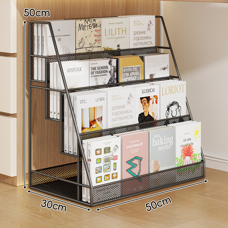 Angled Mesh Rolling Book and Magazine Display Rack with Slanted Shelves and Swivel Casters