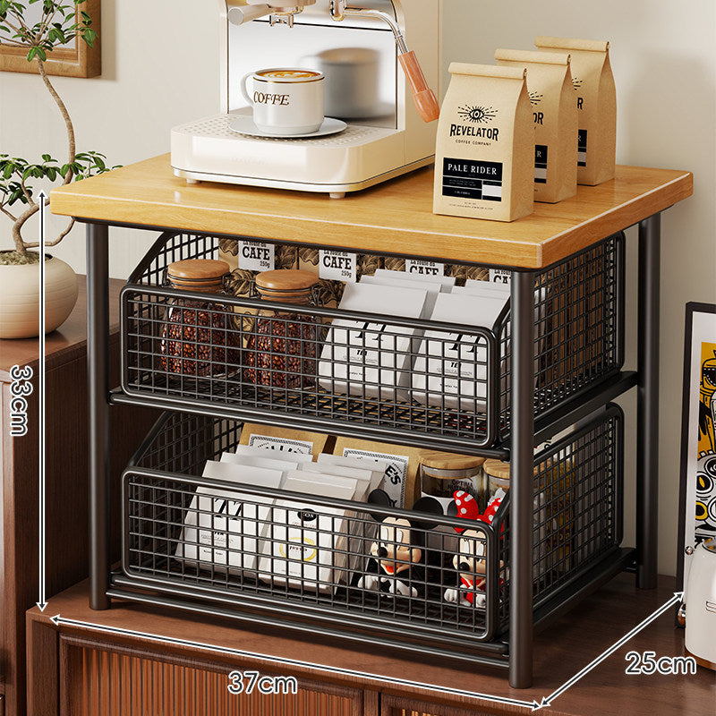 Countertop Wooden-Top Sliding Mesh Storage Basket Organizer with Metal Frame