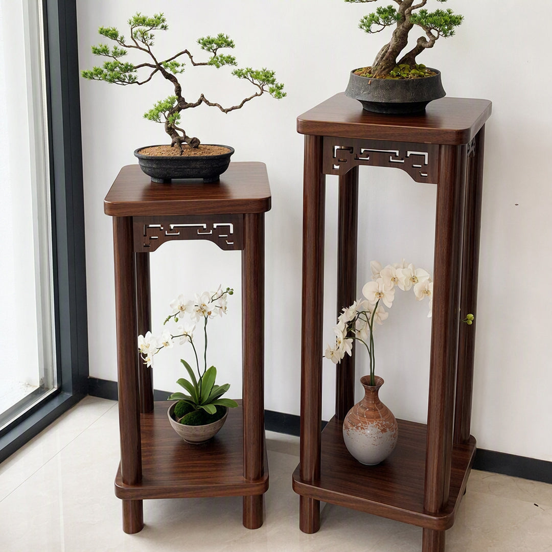Oriental Solid Wood Tall Plant Display Pedestal Stand with Carved Apron