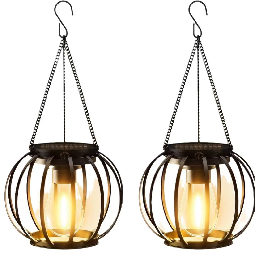 Outdoor Solar Hanging Lights in Metal Cage with Warm LED Candle Light