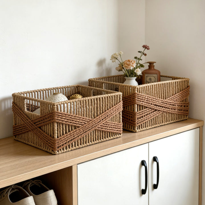 Handcrafted storage basket with decorative weave