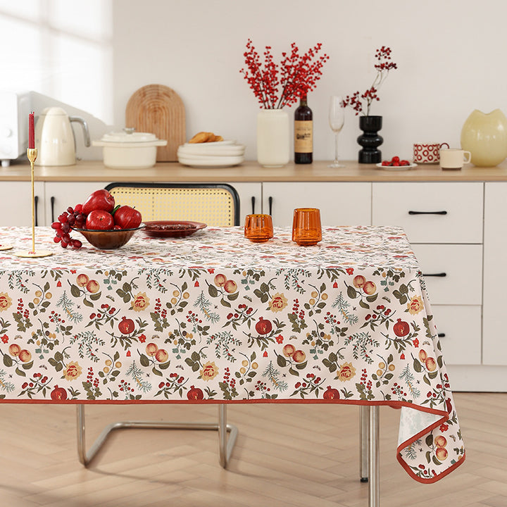 Coated tablecloth in country house style with botanical print and fine hem
