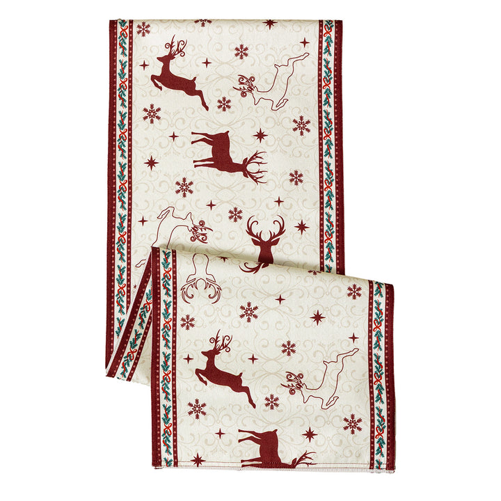 Table runner made of cotton blend fabric with a Christmas reindeer and star motif