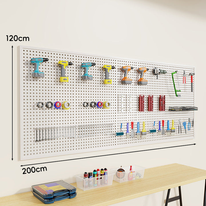 Heavy-Duty Wall-Mounted Perforated Steel Pegboard Tool Organizer with Modular Hooks and Shelf