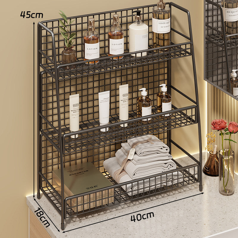 Angled Desktop Mesh Vanity and Countertop Organizer with Three Wire-Tier Baskets and Grid Back