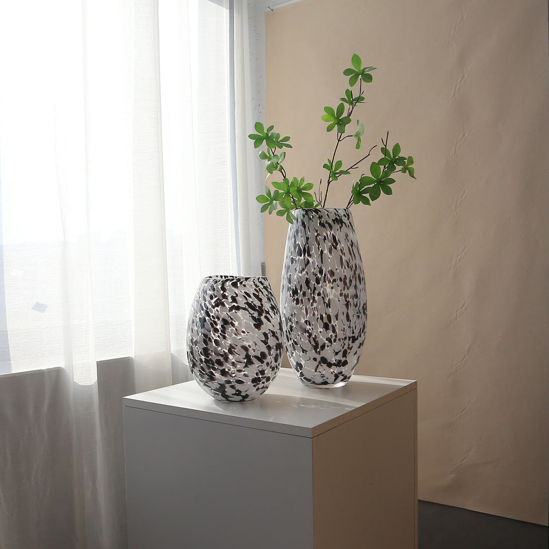 Handblown Speckled Art Glass Vase Set with Tapered and Bulbous Shapes
