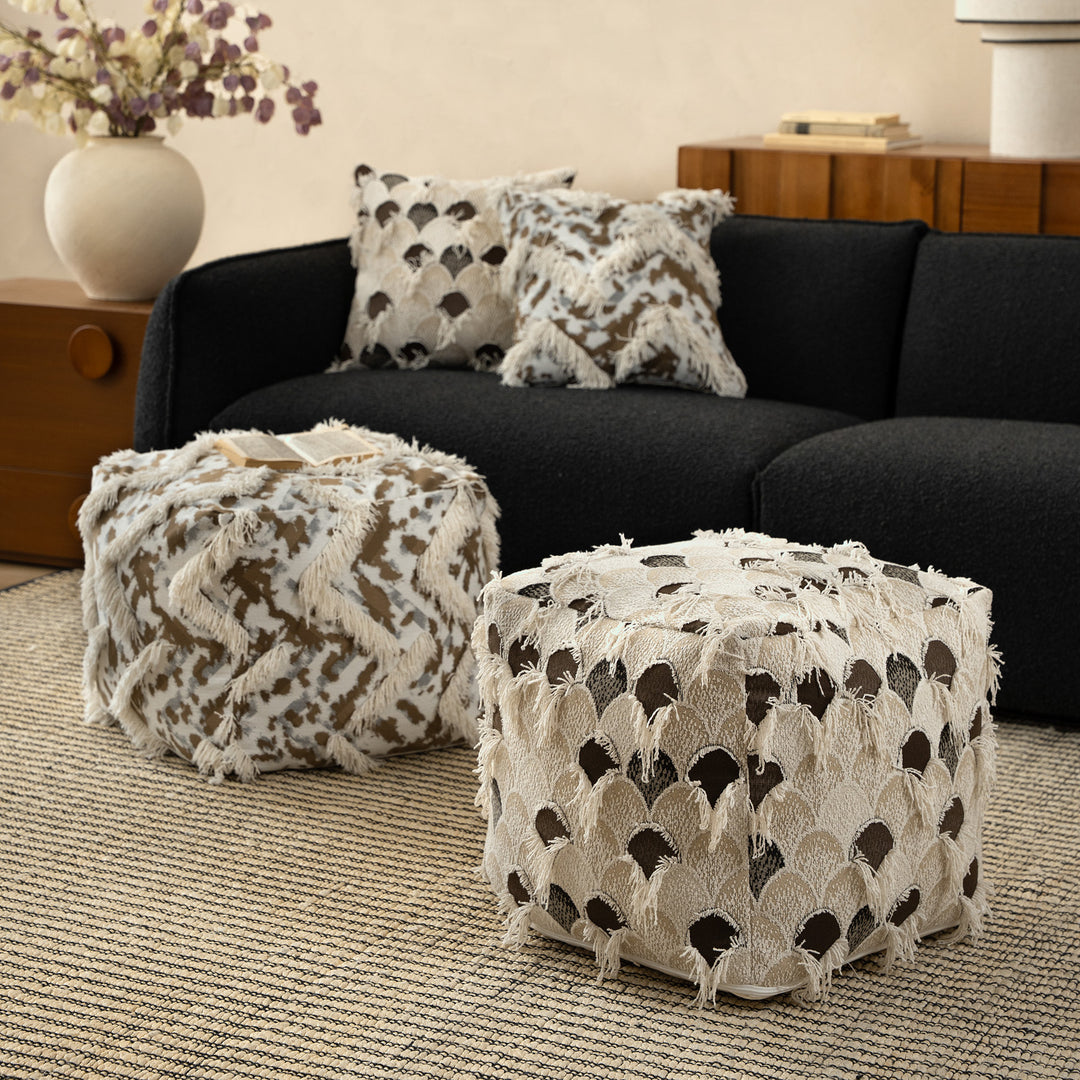 Padded Boho seat pouf with fringes and woven patchwork cover
