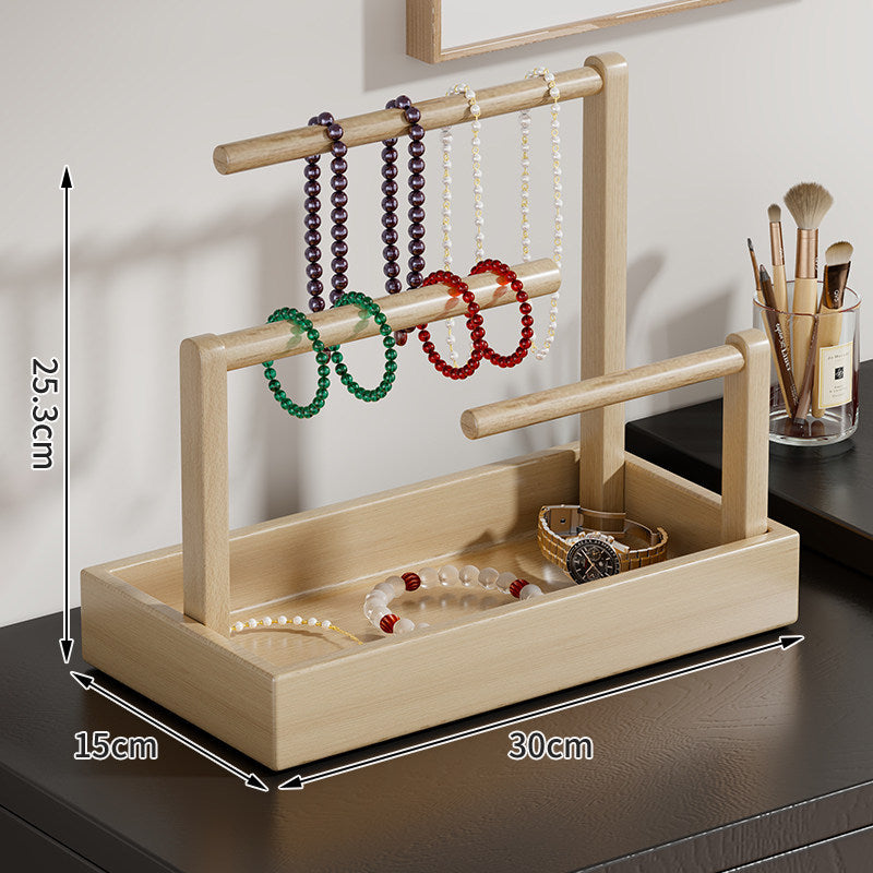 Wooden Jewelry Organizer with Dual Hanging Rails and Deep Storage Tray