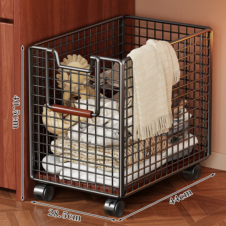 Rolling Metal Mesh Storage Basket with Wooden Handle and Locking Casters