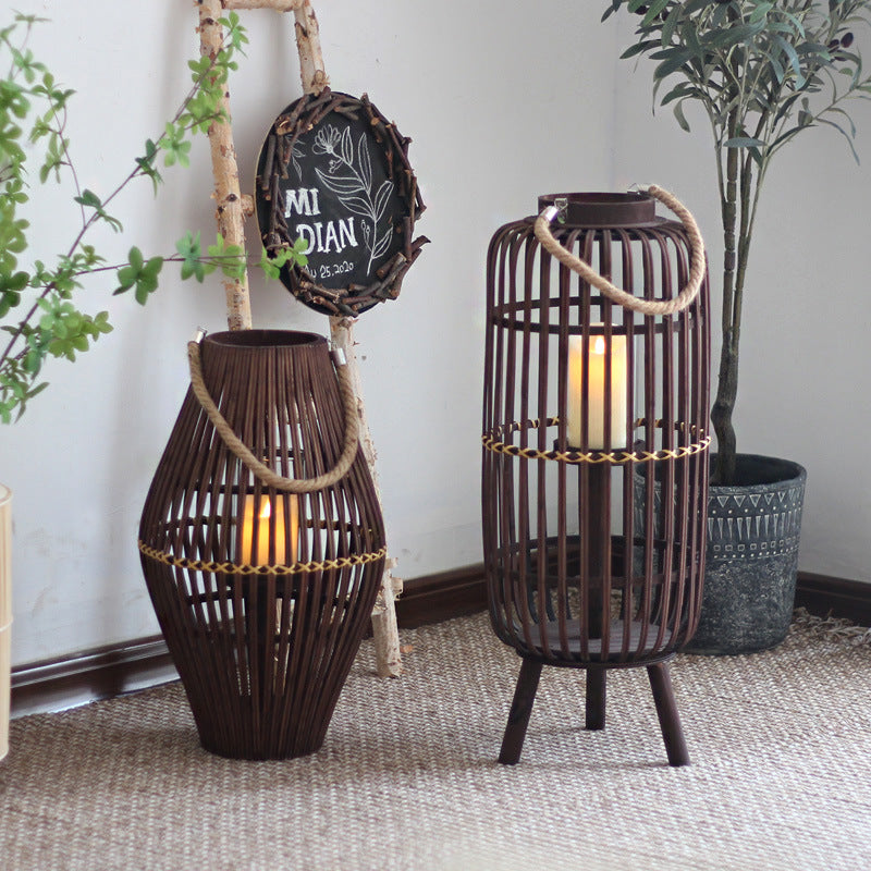 Stylish lantern made of rattan with wooden frame