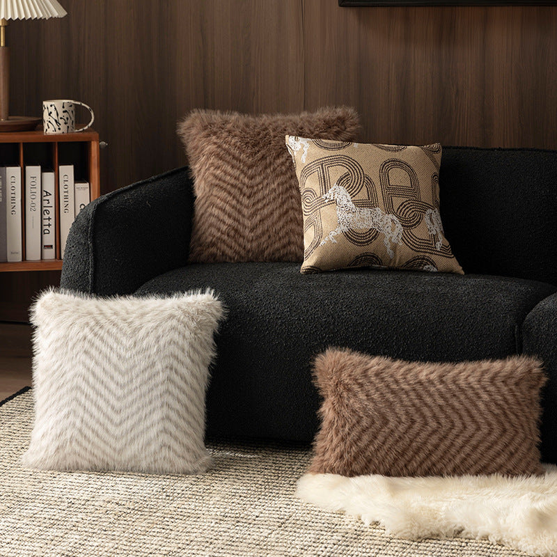 Square faux fur decorative cushion with chevron relief and soft inner filling