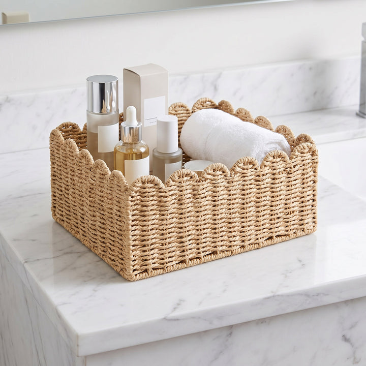 Handcrafted storage basket with curved edge