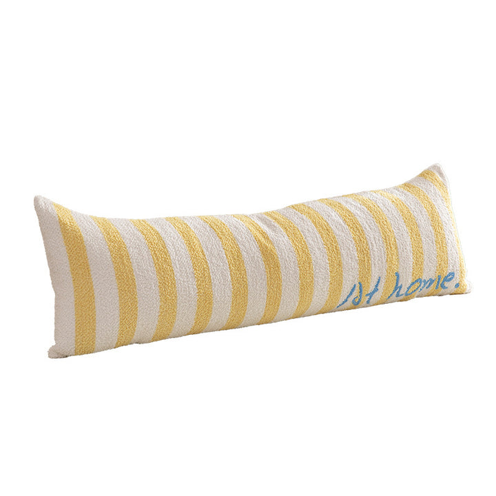 Elongated bench and windowsill cushion with nautical stripe texture and embroidered lettering