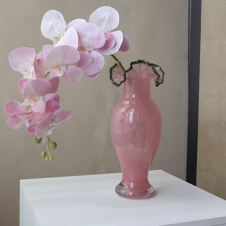 Hand-Blown Ruffled-Rim Tall Bulb Vase with Clear Weighted Foot