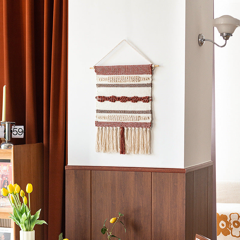 Woven Boho wall tapestry with macrame fringes and handcrafted textured relief