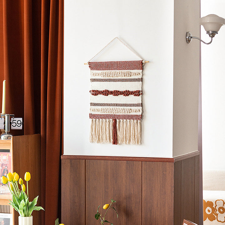 Woven Boho wall tapestry with macrame fringes and handcrafted textured relief