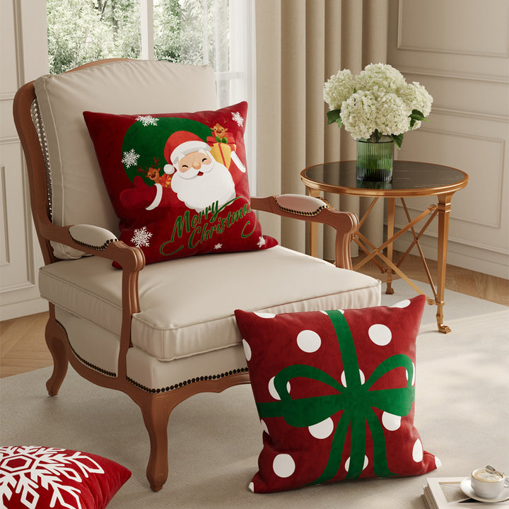 Festive Plush Decorative Throw Pillow Cover with Santa Illustration and Merry Christmas Script