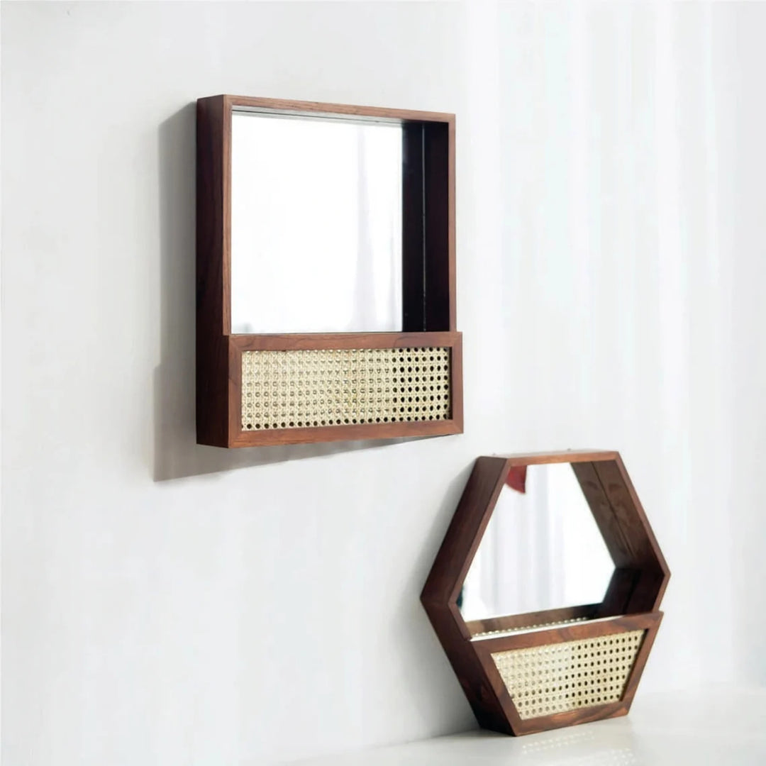 Rustic wall mirror with natural rattan frame