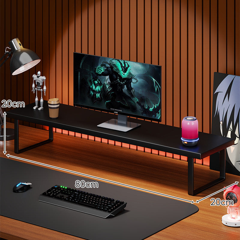 Elevated Wooden Monitor Riser Stand with Metal Bracket Legs and Cable-Friendly Desktop Shelf