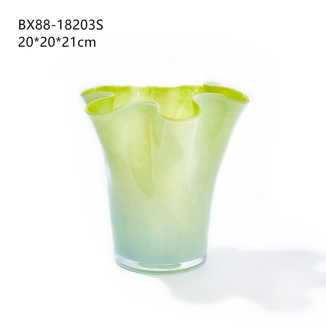 Hand-Blown Fluted Art Glass Vase with Ruffled Rim