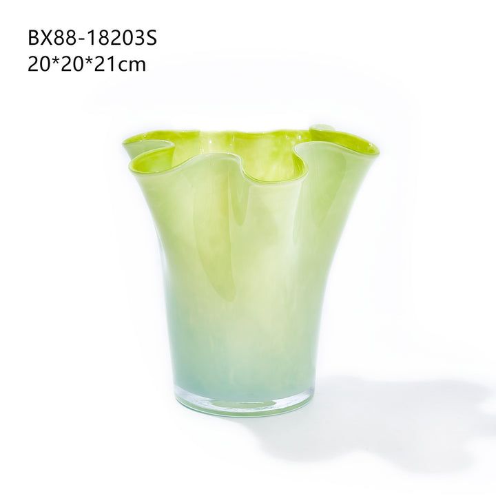 Hand-Blown Fluted Art Glass Vase with Ruffled Rim