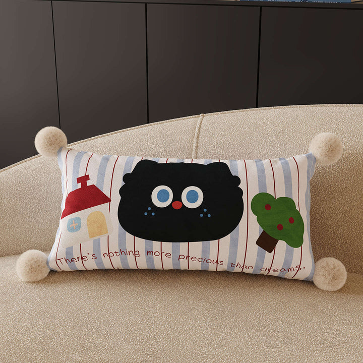 Decorative Square Throw Pillow Cover with Pom-Pom Corners and Cartoon Dog Illustration