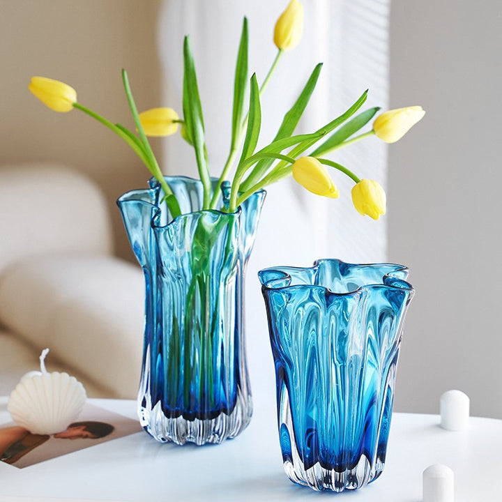 Tall Fluted Art Glass Centerpiece Vase with Sculpted Ruffled Rim